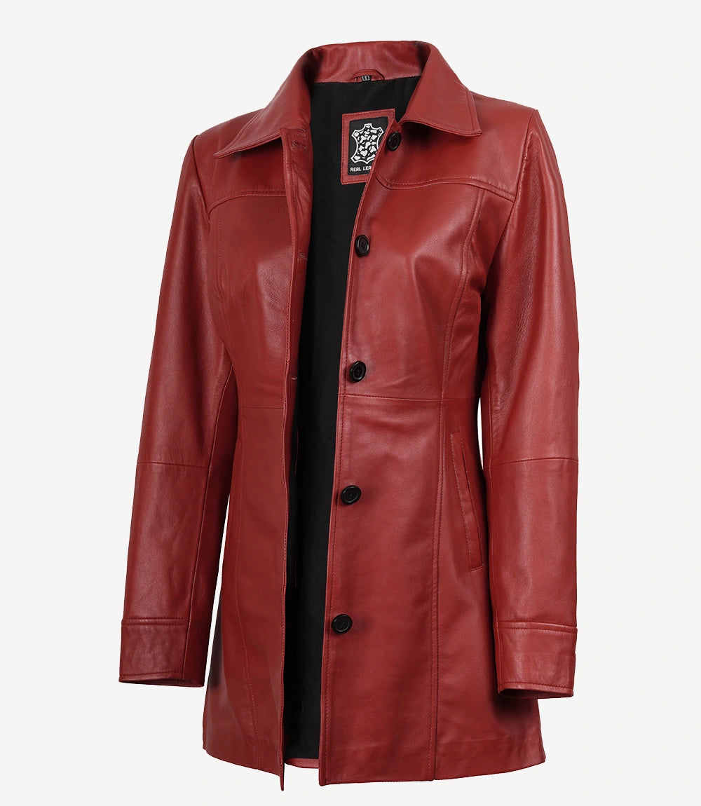 Women’s Real Leather Red Button-Down Car Coat