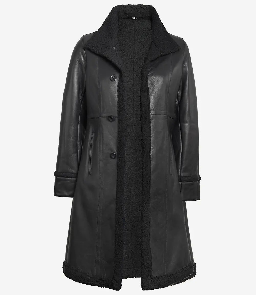 Women’s 3/4 Length Real Leather Black Shearling Coat