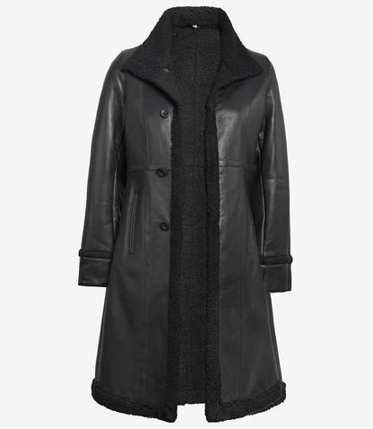 Women’s 3/4 Length Real Leather Black Shearling Coat