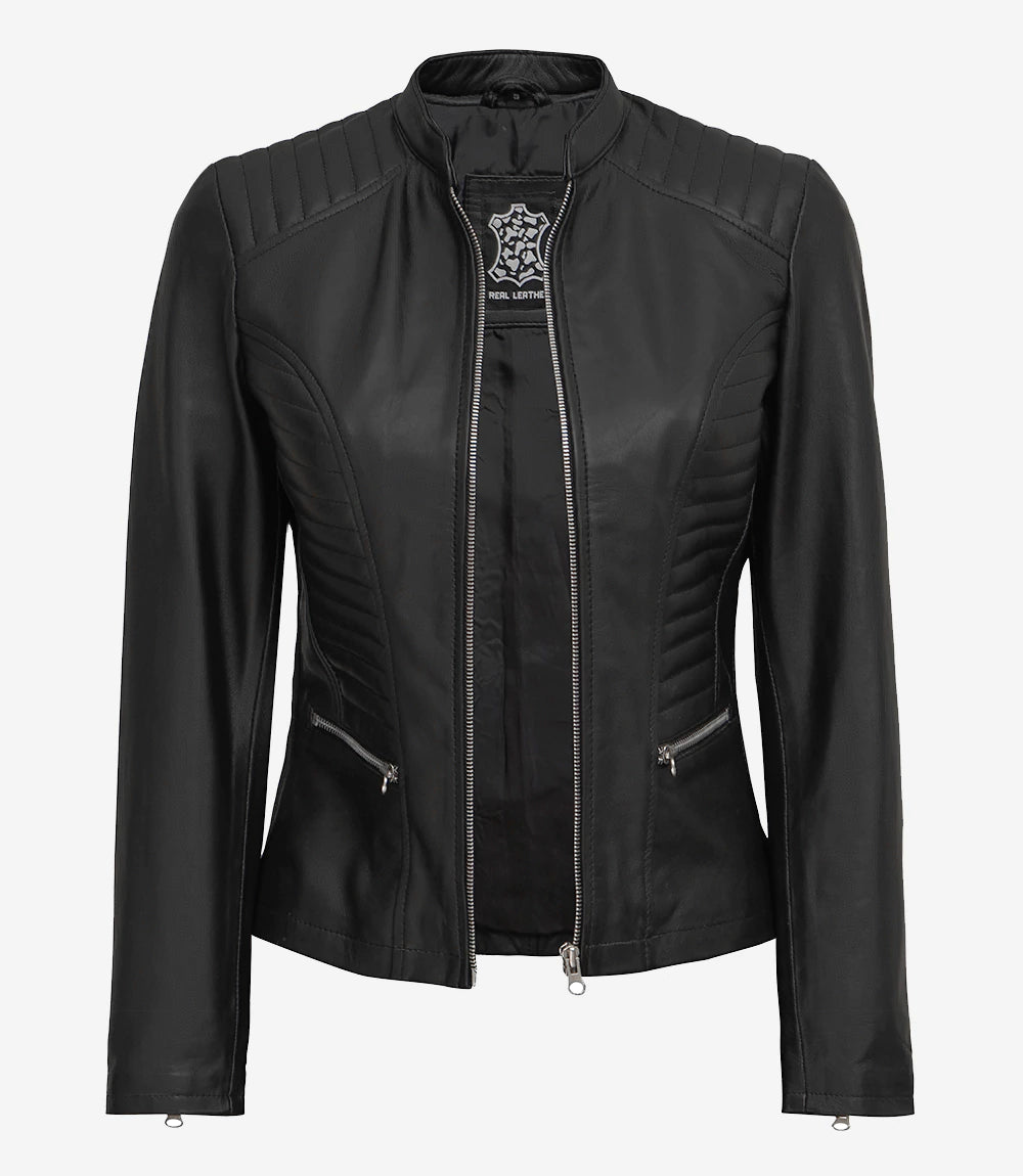 Women's Tall Black Biker Style Leather Jacket