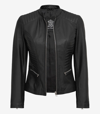 Women's Tall Black Biker Style Leather Jacket