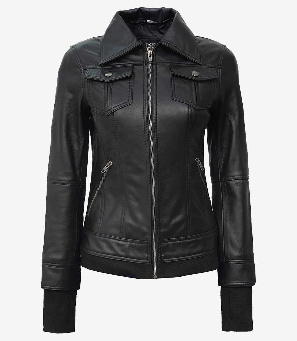 The Céleste – Women’s Tall Black Lambskin Bomber Leather Jacket with Removable Hood