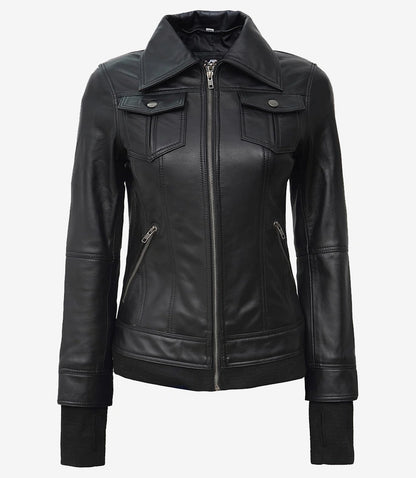 The Céleste – Women’s Tall Black Lambskin Bomber Leather Jacket with Removable Hood