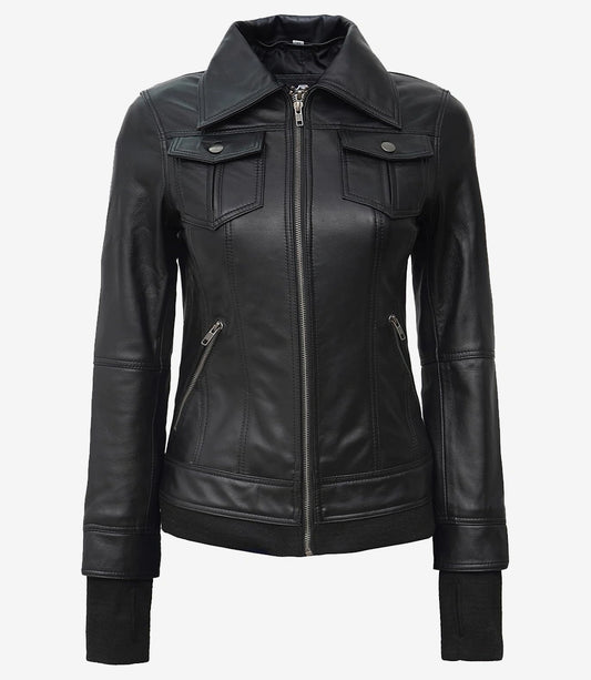 The Céleste – Women’s Tall Black Lambskin Bomber Leather Jacket with Removable Hood