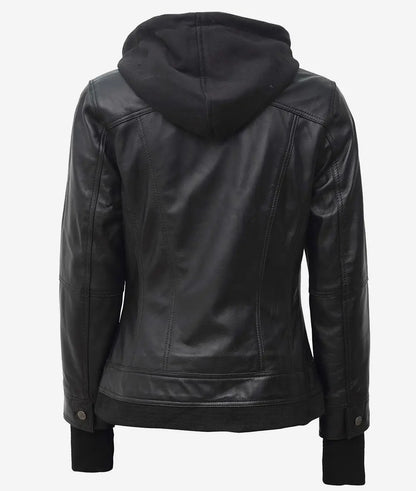 The Céleste – Women’s Black Leather Bomber Jacket with Removable Hood