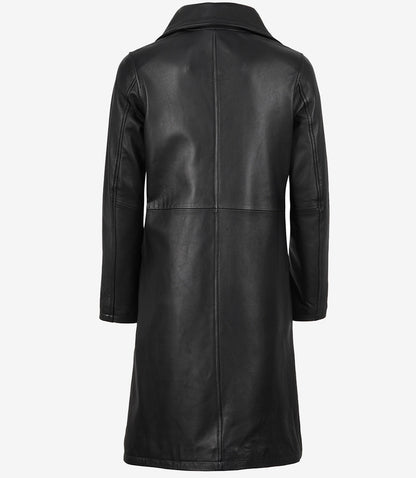Women’s Long Black Leather Car Coat – Notch Lapel