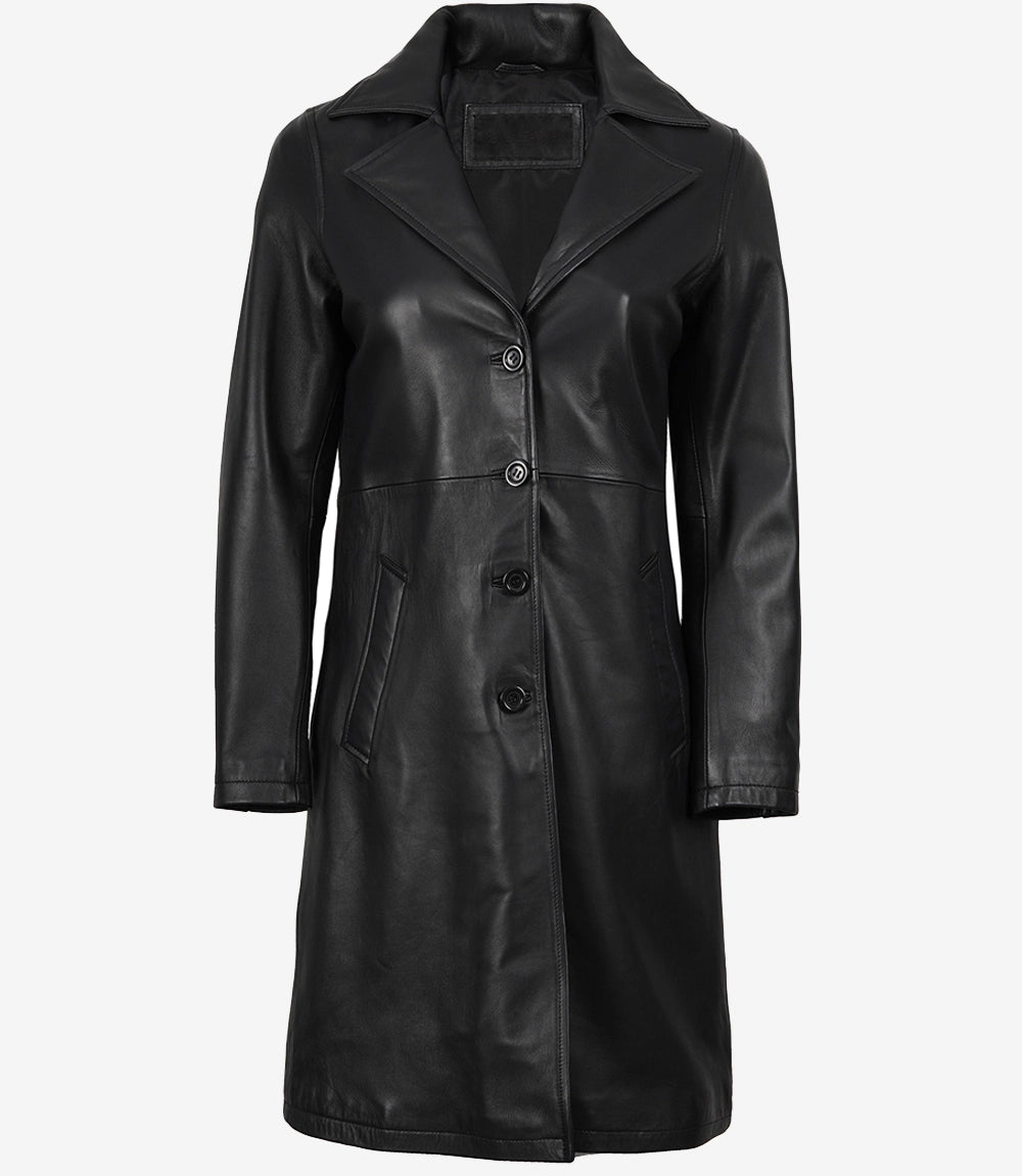 Women’s Long Black Leather Car Coat – Notch Lapel