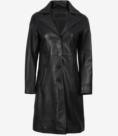 Women’s Long Black Leather Car Coat – Notch Lapel
