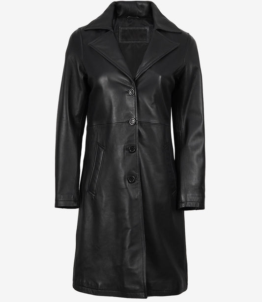Women’s Long Black Leather Car Coat – Notch Lapel