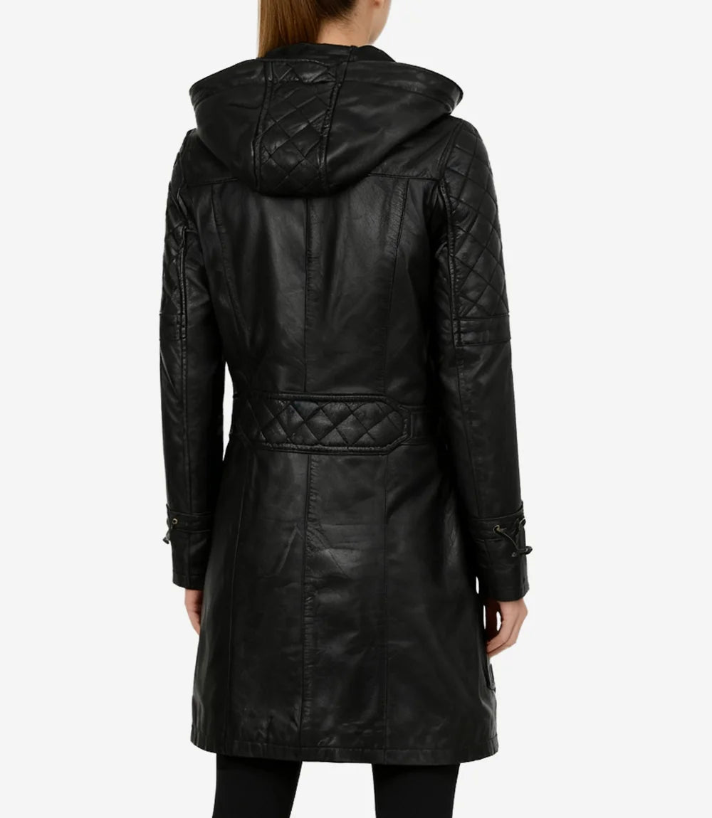 Women’s 3/4 Length Black Lambskin Leather Coat with Hood