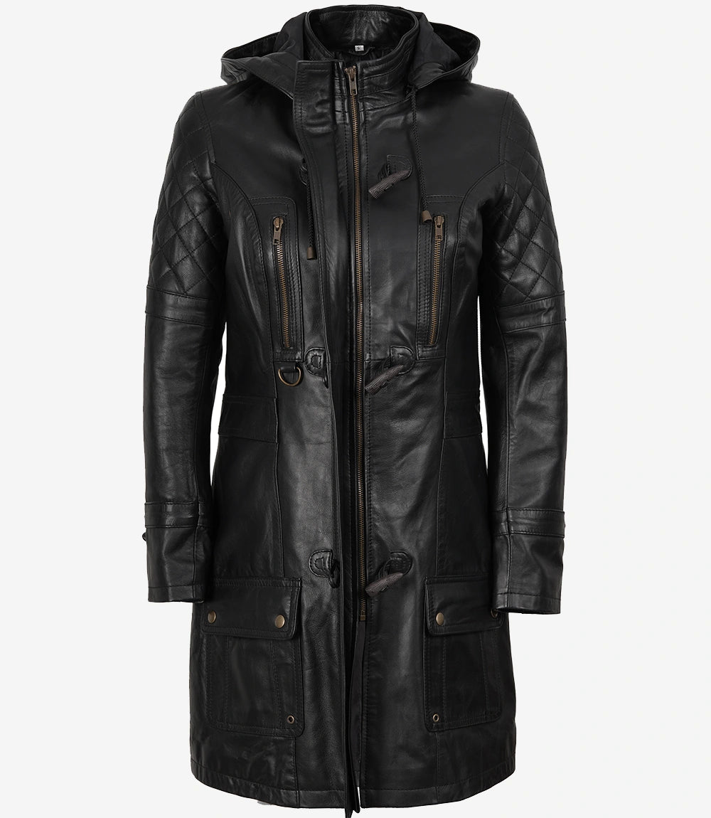 Women’s 3/4 Length Black Lambskin Leather Coat with Hood