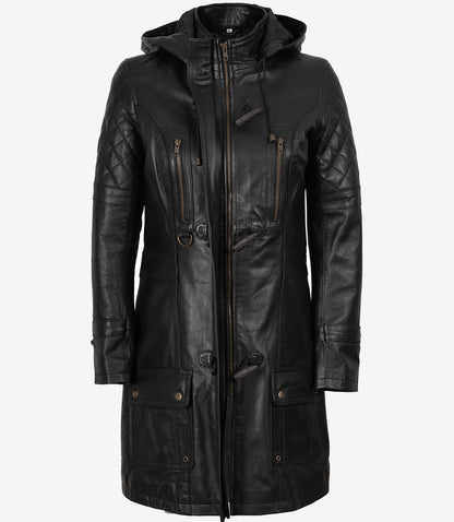 Women’s 3/4 Length Black Lambskin Leather Coat with Hood