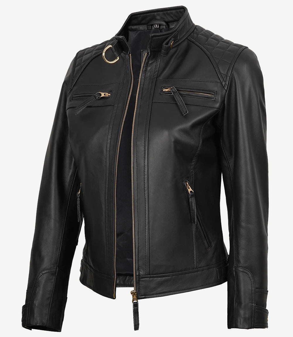 Women’s Black Real Leather Biker Jacket – Golden Details