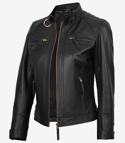 Women’s Black Real Leather Biker Jacket – Golden Details