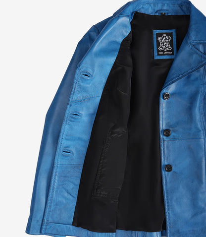 Women’s Blue Waxed Leather Coat – Three Button