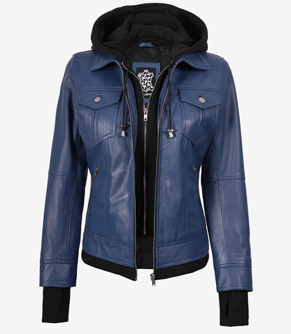 Women’s Blue Lambskin Leather Bomber Jacket with Removable Hood