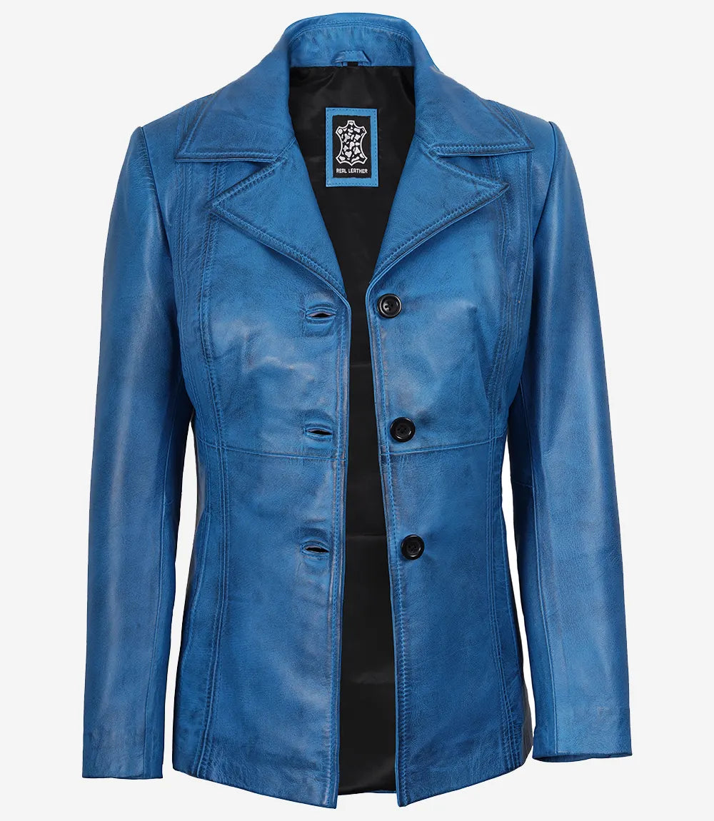 Women’s Blue Waxed Leather Coat – Three Button