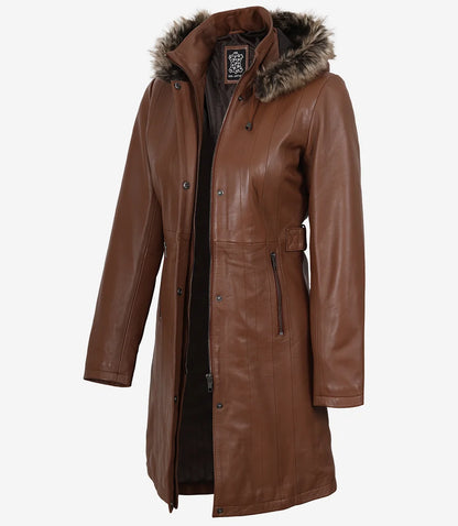 Women’s Real Leather Brown Coat with Fur Trim & Removable Hood