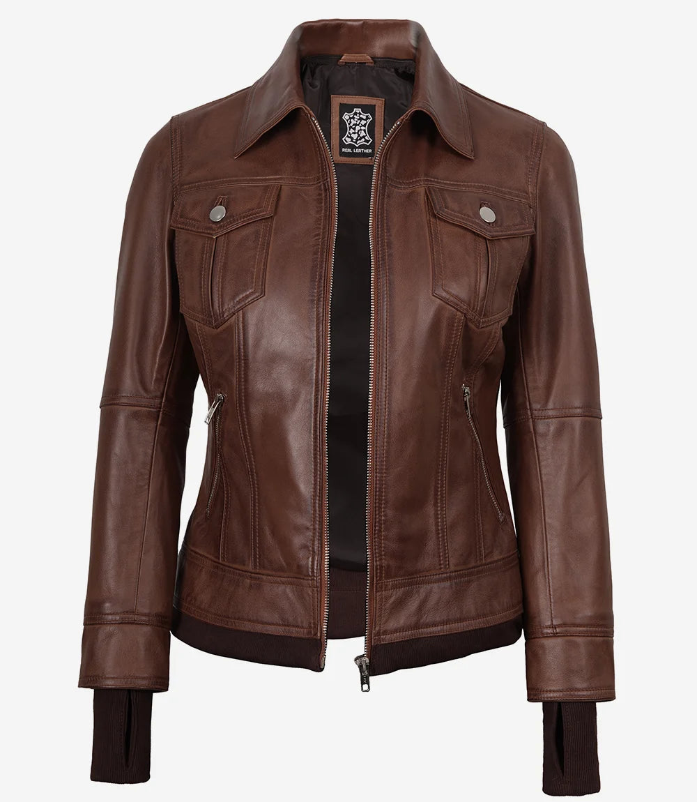 Tralee Women’s Cognac Waxed Lambskin Bomber Leather Jacket with Removable Hood