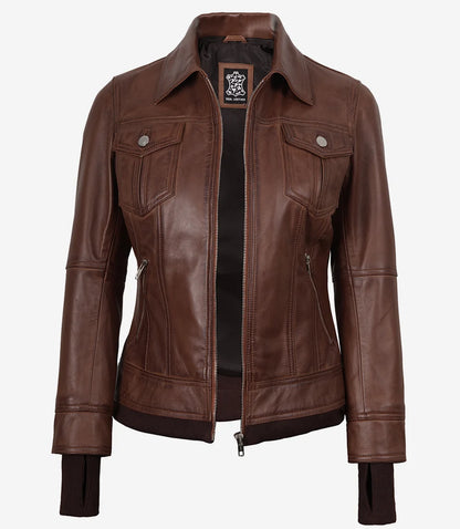 Tralee Women’s Cognac Waxed Lambskin Bomber Leather Jacket with Removable Hood