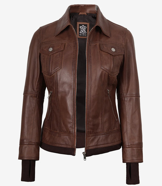 Tralee Women’s Cognac Waxed Lambskin Bomber Leather Jacket with Removable Hood