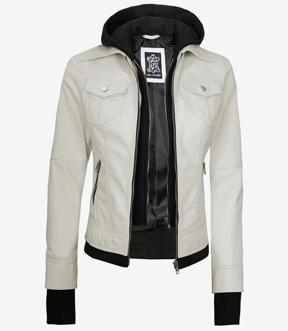 Women’s Off White Lambskin Bomber Leather Jacket with Removable Hood