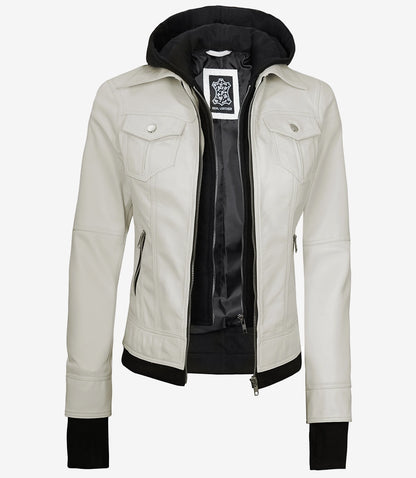 Women’s Off White Lambskin Bomber Leather Jacket with Removable Hood
