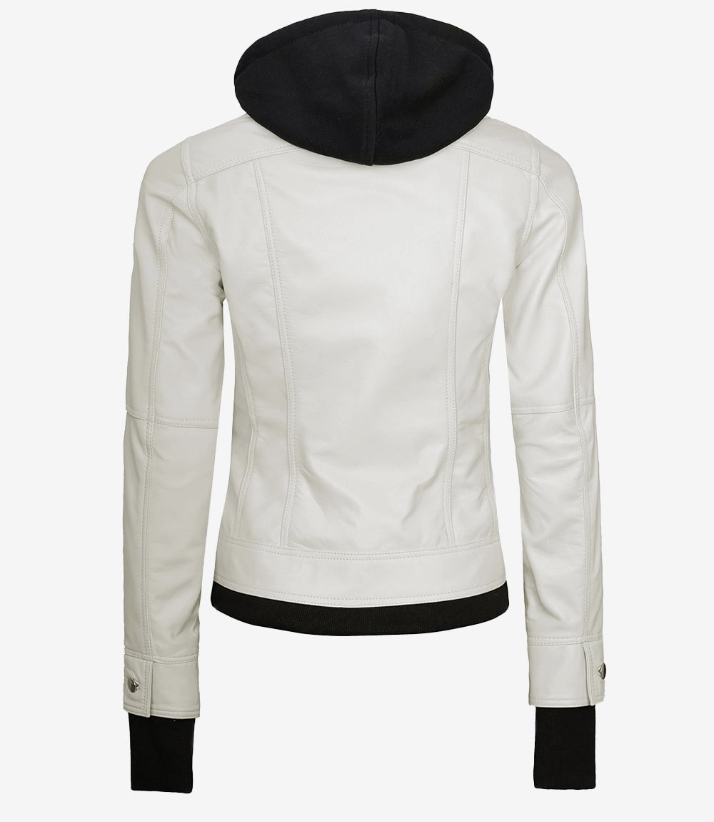 Women’s Off White Lambskin Bomber Leather Jacket with Removable Hood