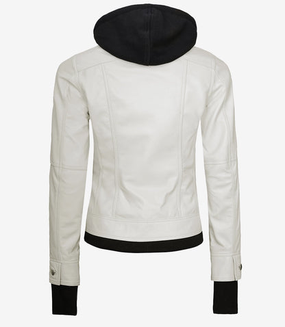 Women’s Off White Lambskin Bomber Leather Jacket with Removable Hood