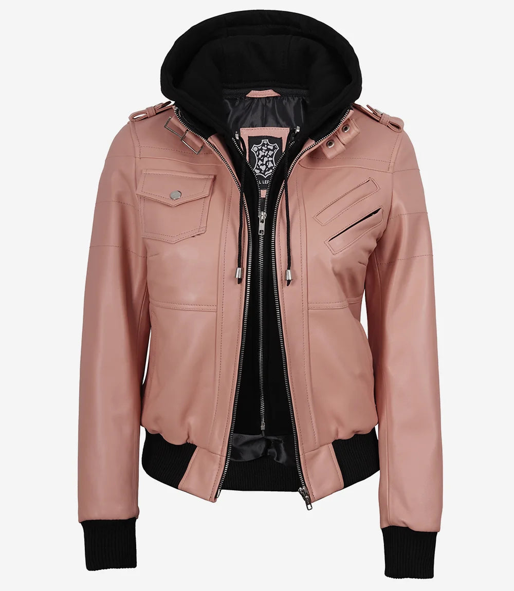 Women’s Pink Lambskin Bomber Leather Jacket with Removable Hood