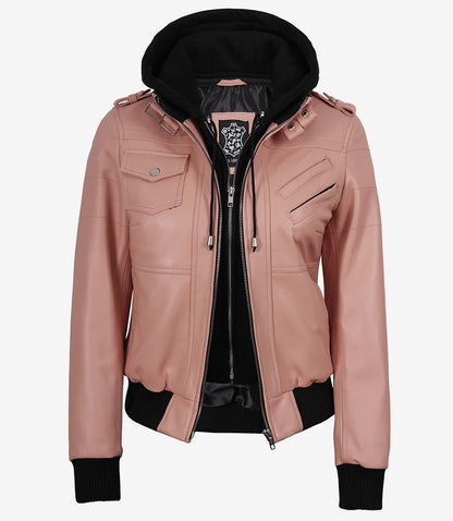 Women’s Pink Lambskin Bomber Leather Jacket with Removable Hood