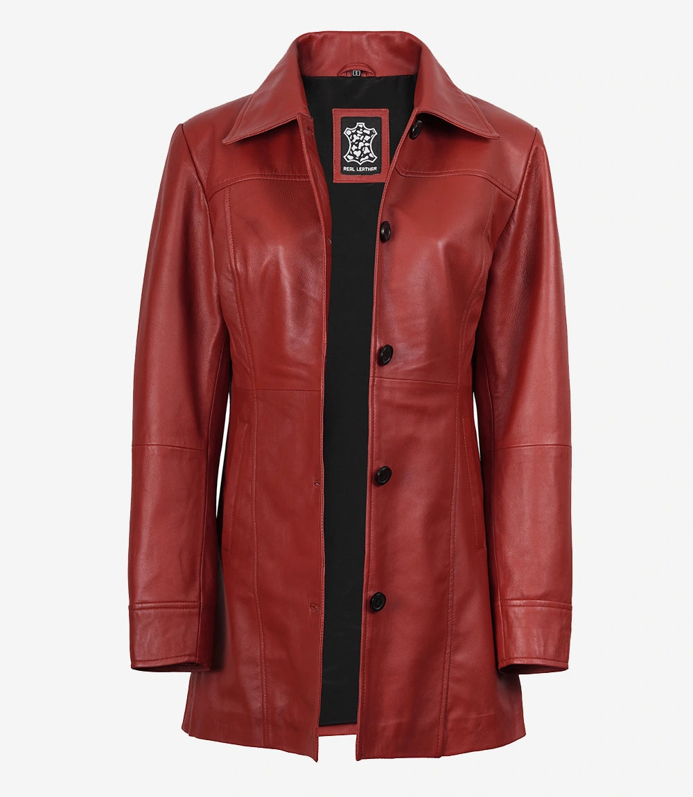 Women’s Real Leather Red Button-Down Car Coat