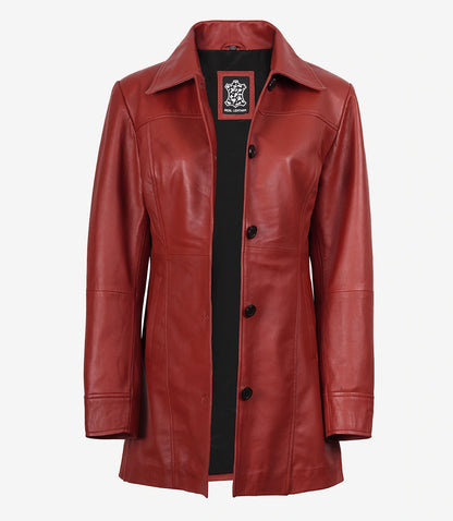 Women’s Real Leather Red Button-Down Car Coat